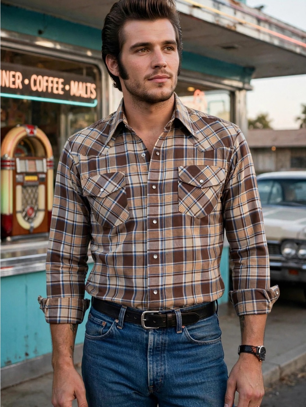 Vintage Big Mac JC Penney Western Shirt Plaid Brown Blue Pearl Snap Rockabilly L